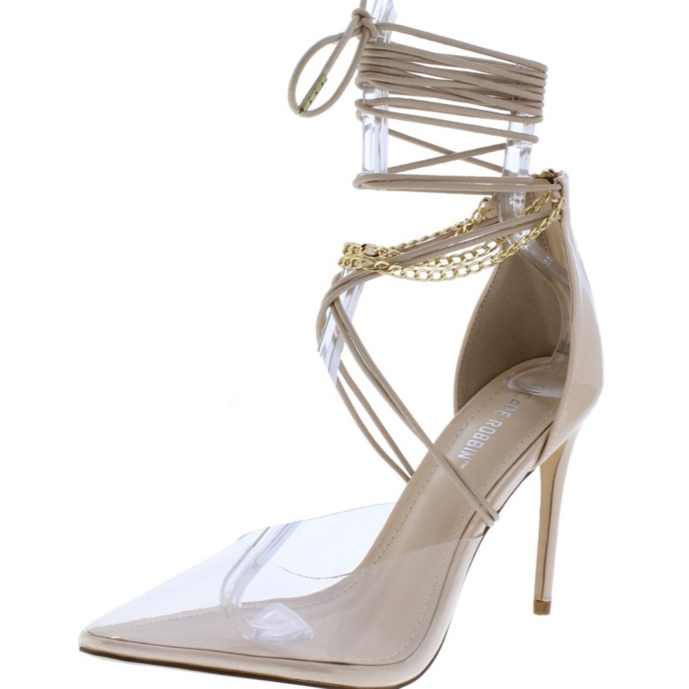Sexy Nude Strap Heel W/ Gold Chain links SZ 10 NEW